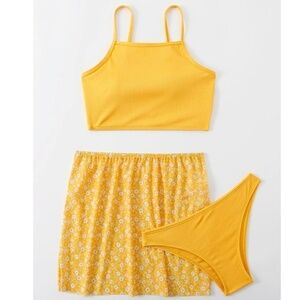 NEW  3piece Solid Bikini Swimsuit & Ditsy Floral Beach Skirt